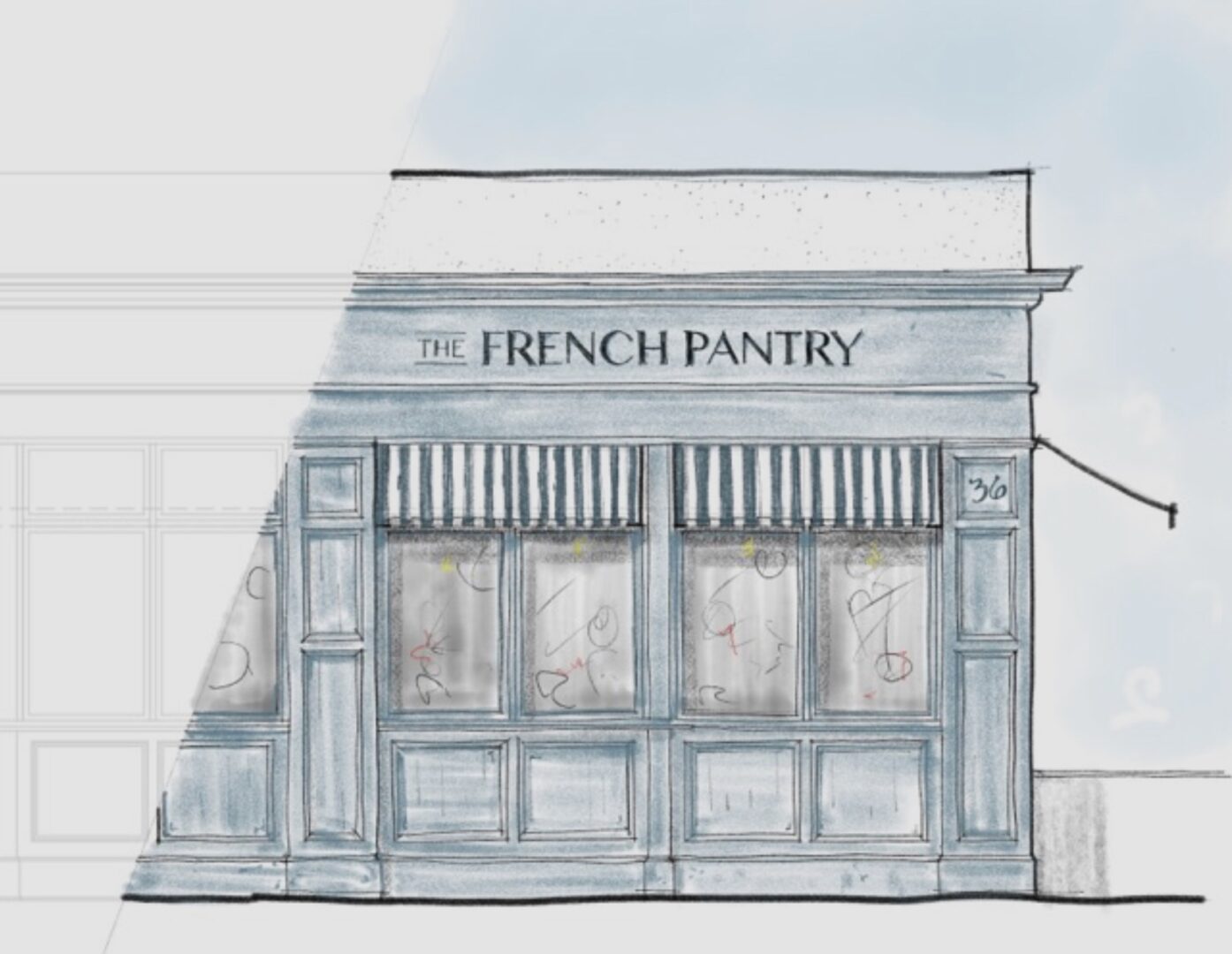 A pencil drawing of the french pantry restaurant