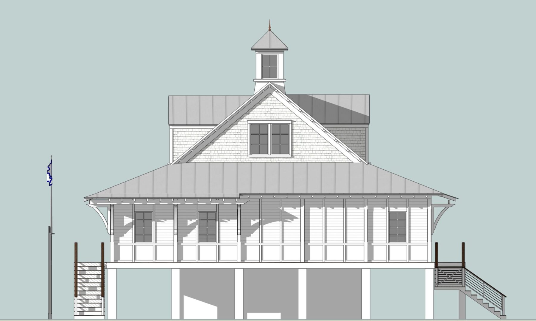 A pencil sketch of the wooden house with flag
