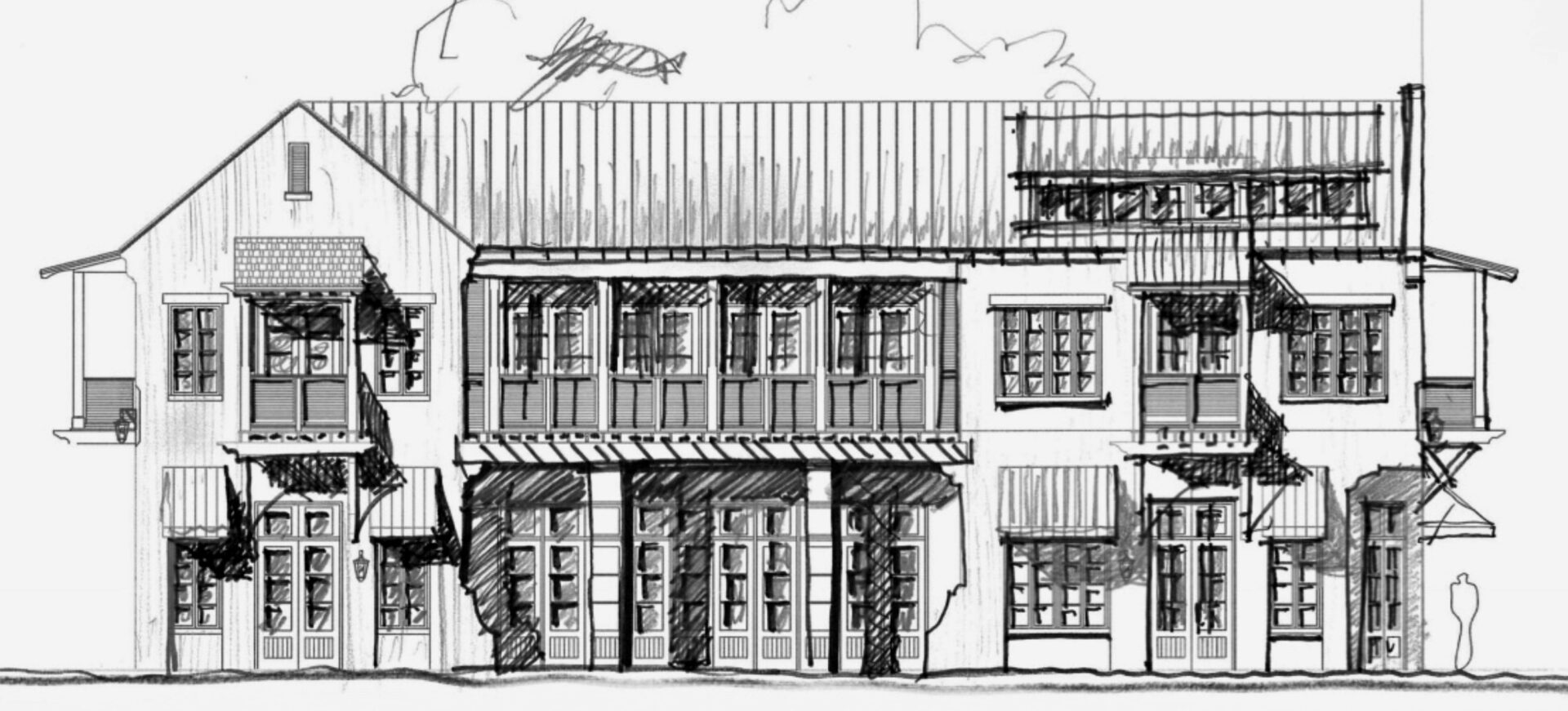 A black and white sketch of the restaurant
