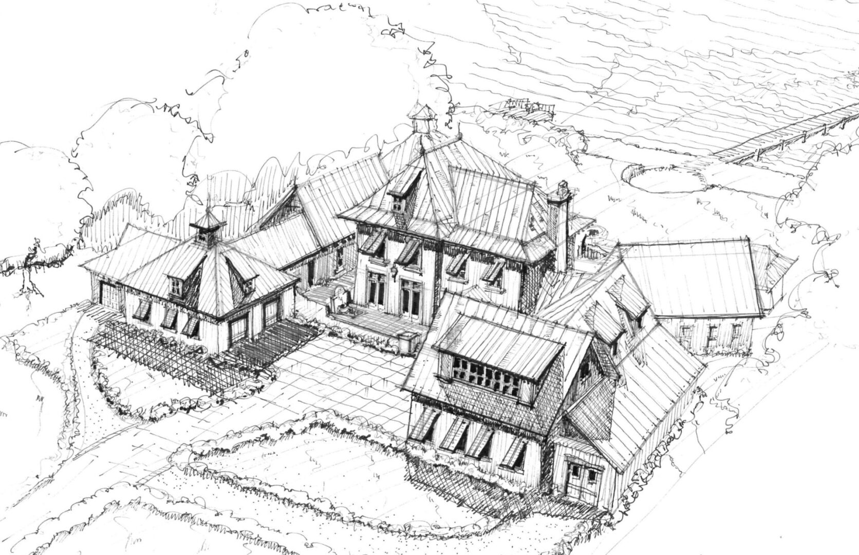 A black and white pencil sketch of the building with lawn
