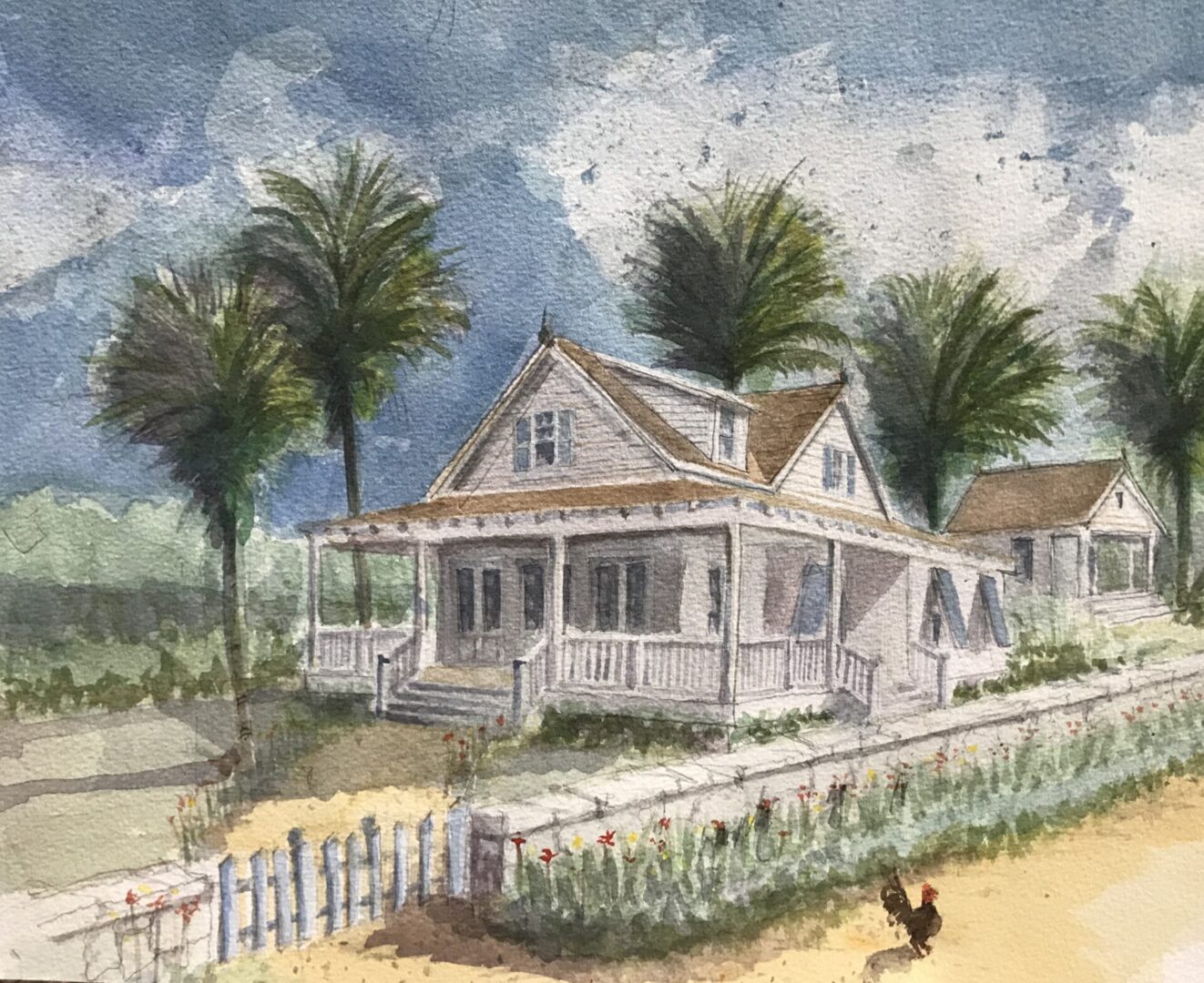 A colorful painting of the wooden house with fencing