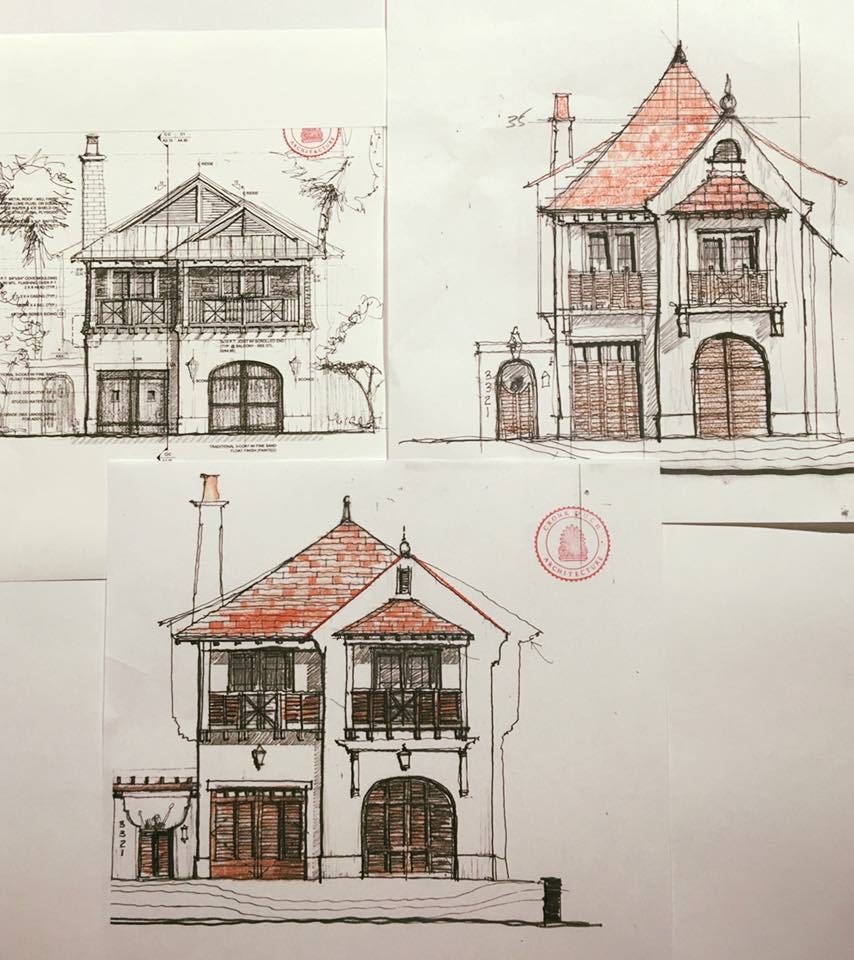 Three pencil sketch pictures of the restaurant